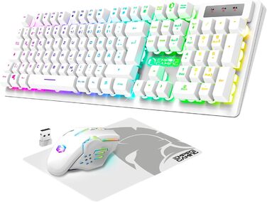 Ігровий набір клавіатури та миші EMPIRE GAMING Armor RF800 Wireless (QWERTZ, DE-layout) – бездротовий комплект з підсвічуванням RGB, 2.4GHz, 4800 DPI, з килимком для миші, сумісний з PC, PS4, PS5, Xbox One/Serie, Mac, білий