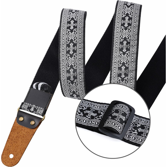 Накладки на гітару Nefelibata: 2 шт., з вишивкою, з повного нубуку, з прихованою кишенею, для бас-гітари, електро- та акустичної гітари, безкоштовна пряжка, замок для ременя та медіатор (срібний хрест)