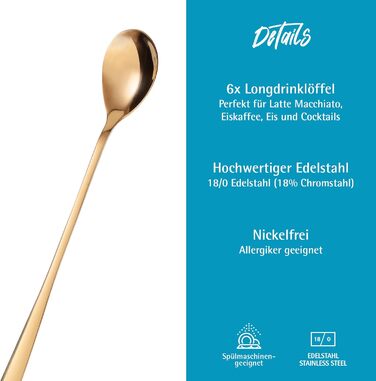 Льодогенератор та ложка для лате-макіато Gräwe з нержавіючої сталі, довга ложка для кави, десертів та холодного чаю, придатна для миття в посудомийній машині, золотиста