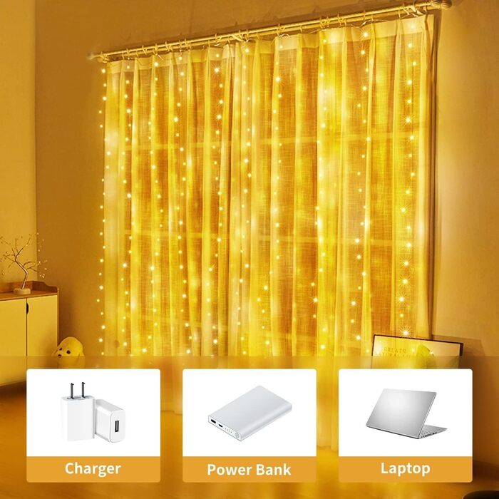 Лампочки-завіса USB Hoteril 3x3м, 300 LED, 8 режимів, пульт, таймер, IP65, для декору, вечірки, кімнати (тепле світло)