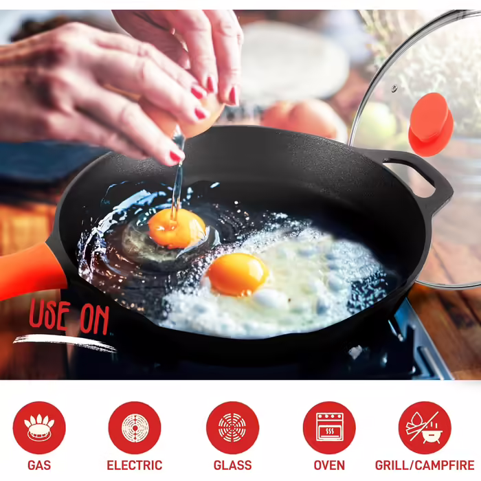 NutriChef Frying Pan with Lid, 30cm - Frying Pan - with Ergonomic Silicone Handle & High Rim, Pan made of Cast Iron, Non-Stick Coated, for Induction, Ceramic, Gas & Electric, PFOA & PFOS-Free 30cm Frying Pan