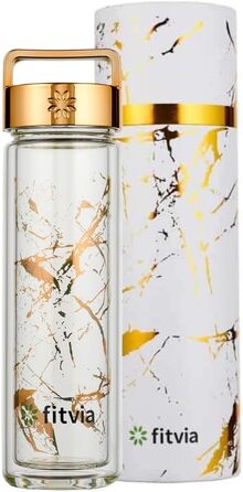 Термопляшка Fitvia 380 мл з подвійними стінками, мармуровий дизайн, сито для чаю, зручна ручка (Золотий мармур)