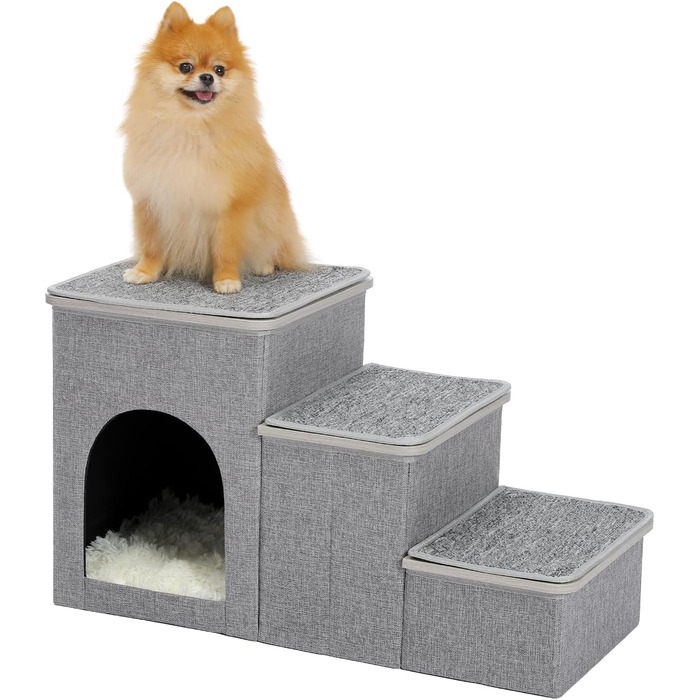 PETEPELA Folding Dog Stairs, 3 Steps, Pet Stairs for Small Dogs with Storage Space, 3 Steps to Couch