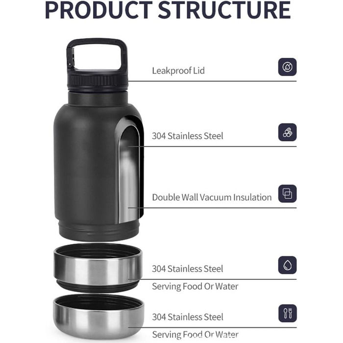 Водонепроникна пляшка для собак Dijiusidy 950 мл (чорна) - 3 в 1 з мискою для прогулянок, подорожей та кемпінгу