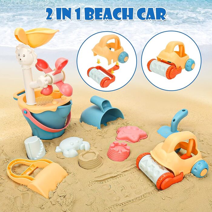 Sanlebi Sand Toy Set, Kids Sandbox Toy with Bucket, Sand Molds, Mesh Bag Beach Outdoor Games for Boys Girls