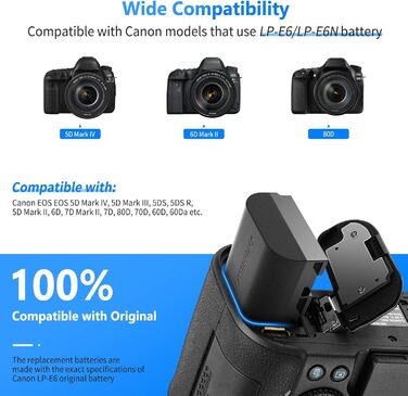 Запасний акумулятор Neewer LP-E6/LP-E6N для Canon (2 шт., 2000mAh) з зарядним пристроєм, сумісний з EOS 7D Mark II, 5D Mark IV та ін.