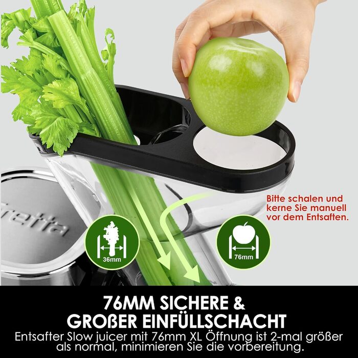 Електричний соковитискач Fretta Slow Juicer з нержавіючої сталі, 200W, Cold Press, велика завантажувальна горловина 76 мм, висока сафровидача, легке очищення, без BPA