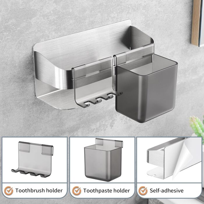 Тримач для електричної зубної щітки з аксесуарами для ванної кімнати, нержавіюча сталь, настінний, без свердління, сріблястий