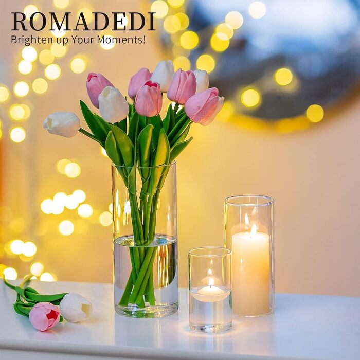 Candle Holders Glass Candle Holders Candle Stands Glass Cylinders: Romadedi 12-Piece Set of Candle Holders for Pillar Candles, Floating Candles, Candle Glass Vase for Wedding Party Dining Table Table Decoration Living Room Decor