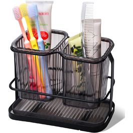 KONE Toothbrush Holder, Wall Mount, Bathroom, Hanging Electric Toothbrush Holder with 2 Removable Compartments, Drainage, Dry and Wet Separation for Bathroom, Kitchen, Family (White) (Black)