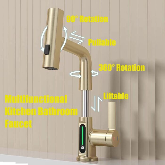 Кухонний змішувач з витяжною лійкою, 3 режими, LED-індикатор температури, поворотний на 360°, для кухні, золотий