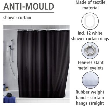 Штора для душу WENKO Anti-Schimmel чорна, текстильна, антигрибкова, водонепроникна, з кільцями, 180x200 см