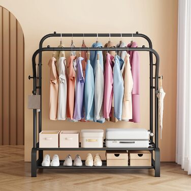 Вішалка для одягу металева подвійна Stabil з 8 гачками та 2 полицями для взуття, чорна – функціональна стійка для спальні