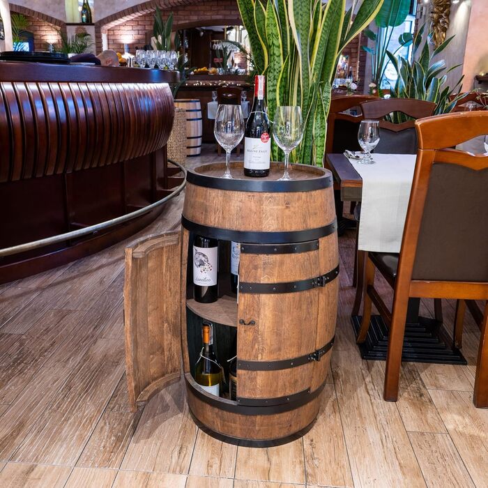 Wine Barrel Stand with Door - Liquor Cabinet, Bottle Rack, Wooden Shelves - Wooden Barrel - Barrel Furniture - Wine Rack - Wine Rack - Wine Bar - Barrel Bar with Door - Barrel Bar Minibar 80cm High (Wenge)