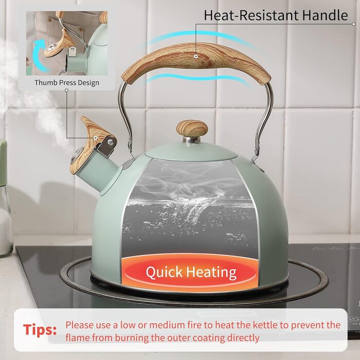Чайник для плити LONFFERY 2.5л зі свистком, з нержавіючої сталі, з дерев'ястим декором, кришка-засувка, кремовий/білий (Турквіс)