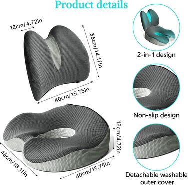 Подушка для сидіння та спини Suewidfay 2-в-1 з піни Memory Foam, ергономічна, для офісного крісла, авто, інвалідного візка, сіра