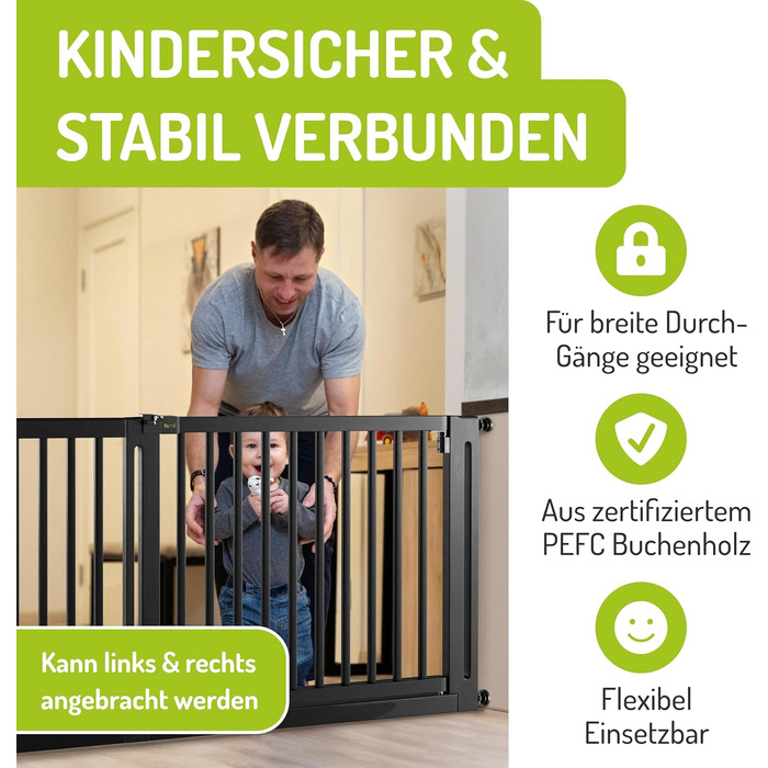 Захист для воріт BOMI Miko з сертифікованого буку PEFC | Без свердління | Кут 90° | Вузький дерев'яний захист для дверей | Захист для сходів, сітка для дверей | Ширина: (Чорний, 20 см подовження)