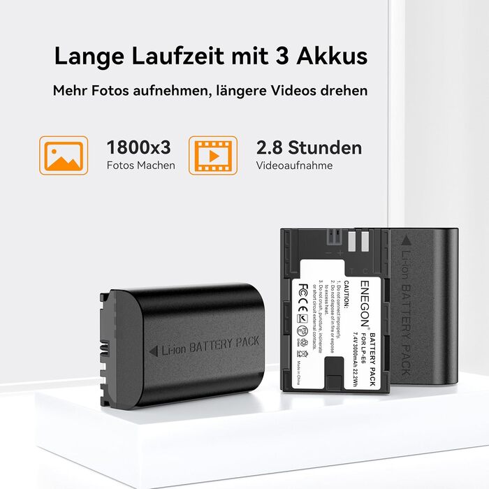 Акумулятор ENEGON LP-E6 (3x3000mAh) з зарядним пристроєм на 3 слоти LCD, сумісний з Canon EOS 5D, 5D Mark II, 6D, 7D, 60D, 70D, 80D, 90D, XC10, XC15