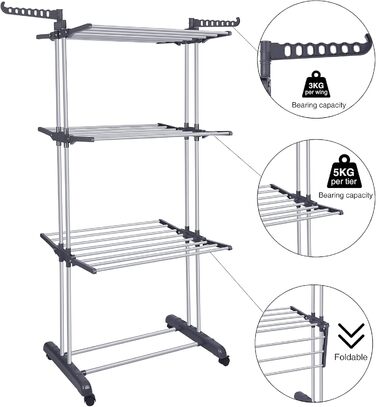 Bigzzia Clothes Rack Foldable 3 Tiers Stainless Steel Clothes Dryer Drying Rack with Two Side Wings Grey