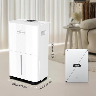 Електричний осушувач повітря Homtronics з гофрованим шлангом 1м, інтел. контроль вологості, 3 режими, таймер 24г, для підвалу, ванної, спальні