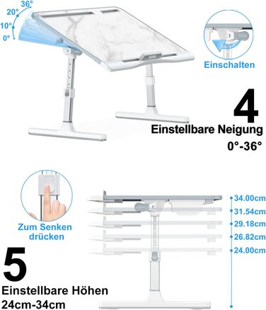 Столик для ноутбука Potuopy з регулюванням висоти та кута нахилу, X-Large, для роботи, читання та їжі на ліжку/софі, 60*40 см, білий мармур