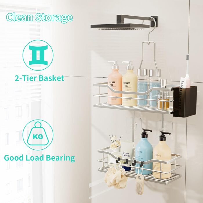 Настінна поличка для душу HapiRm з 4 гачками - регульована, для шампуню та мила, нержавіюча сталь (Sand Nickel)