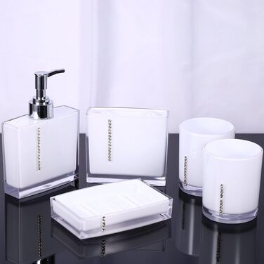 5-Piece Bathroom Accessories Set includes emulsion bottle, toothbrush holder, 2 rinsing cups, soap dish, plastic gift bath set, white