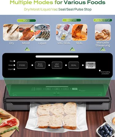 Вакуумний пакувальник 5-в-1 для продуктів харчування: сухий/вологий режим, зберігає свіжість до 7 разів довше, 70 кПа, вбудований різак, шланг, 10 пакетів