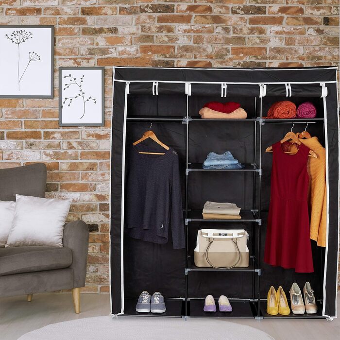 Relaxdays Fabric Clothes Closet, 9 Compartments, 2 Clothes Rails, HBT: 173 x 148 x 43 cm, Camping, Basement, Folding Closet, Anthracite, Fabric, 10019122-139