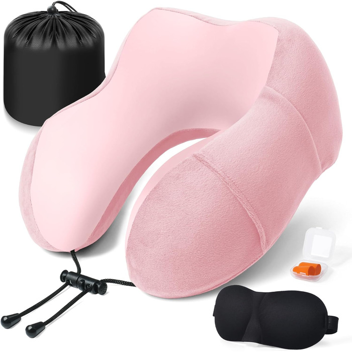 Подушка для шиї у літак - подушка для подорожей Memory Foam, ергономічна форма - подушка для шиї з маскою для сну, навушниками, сумкою - ідеальна для літака, подорожей, офісу, дому Рожева
