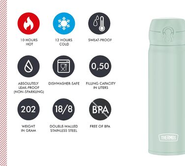 Термос Thermos Ultralight 0,5 л, Soft Mint Mat: нержавіюча сталь, 10 год гаряче / 20 год холодне, герметичний, для води, чаю
