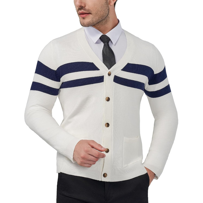 Чоловічий в'язаний кардиган KUYIGO з V-подібним вирізом, ґудзиками, довгим рукавом, легкий, м'який, з вовняної суміші, з кишенями, смугастий (XXL, XXXL, білий/блакитний)