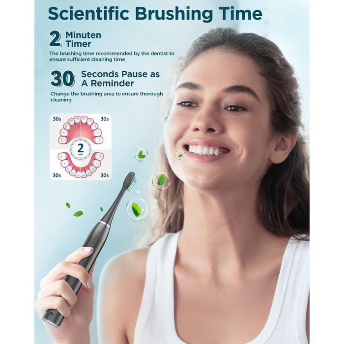 Електрична звукова зубна щітка для дорослих - відбілювання, ультразвукова, з кейсом для подорожей та зарядною станцією, 8 насадок, 5 режимів (Чорна)
