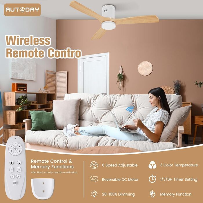 Стеляний вентилятор Holz з підсвічуванням, регулюванням яскравості LED 24W, тихий DC-двигун 38W, діаметр 132 см, з пультом дистанційного керування та таймером, 6 швидкостей, дерев'яний дизайн