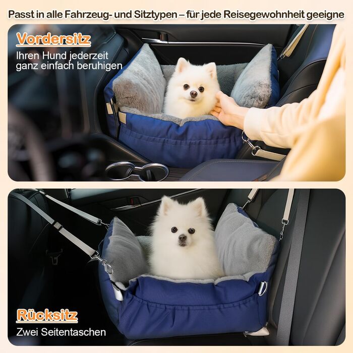 Автокрісло для собак 3-в-1 – переносна ліжко для маленьких собак, з розкладною поверхнею, м'яким матрацом, для переднього або заднього сидіння, внутрішнє та зовнішнє використання (04-Blau)