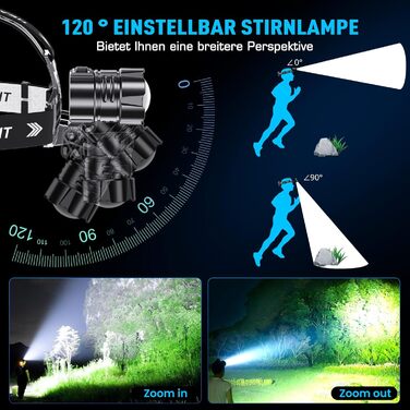 Rechargeable LED Headlamp, Super Bright 120000 Lumens Headlamp with 5 Light Modes & IPX7 Waterproof & 9000mAh BATTERY & Zoomable, 120° Adjustable Headlamp for Camping, Fishing, Outdoor