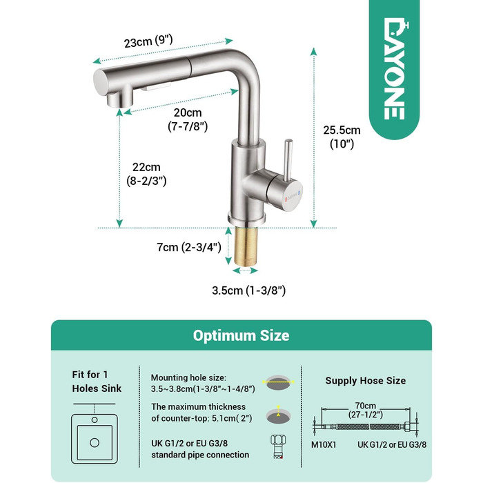 Кухонний змішувач Dayone з висувною лійкою, нержавіюча сталь SUS304, високий тиск, 2 функції, поворотна лійка 360°, L-подібна форма, G6808bn