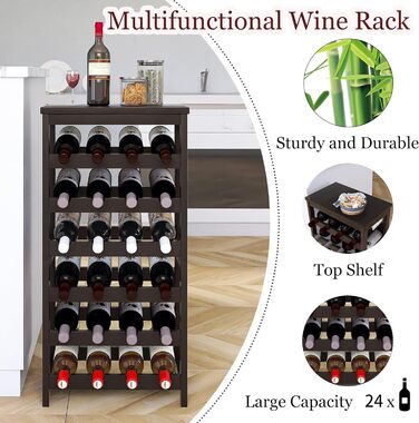 24-Bottle Wine Rack Freestanding Floor, 6-Tier Wine Display Storage Shelves with Tabletop, Bamboo Wine Bottle Holder Stand with Wave Bars for Kitchen, Dining Room, Pantry, Black