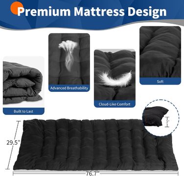 Ліжко похідне розкладне LEADZM з матрацом, 190x71x36 см, сталевий каркас, для кемпінгу, туризму та дому, чорне