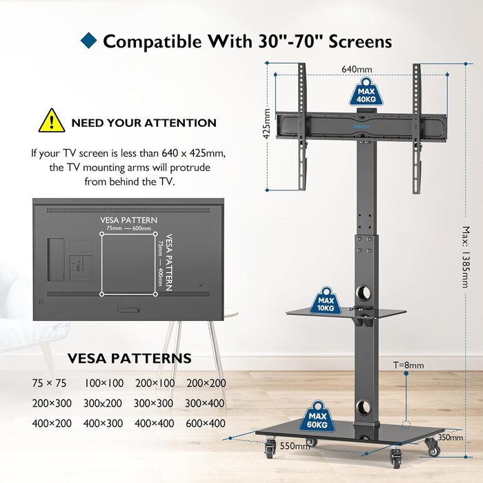 BONTEC Mobile TV Stand with Wheels for 30-70 inch Plasma, LCD, LED TVs - VESA 600x400, Adjustable Height & Glass Shelves