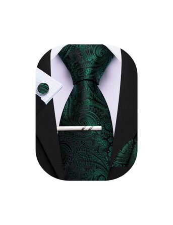 Набір краваток з хустинкою та краватки-кліп для чоловіків Barry.Wang: Шовкова краватка, нагрудна хустинка, запонки, набір для весілля, ділових зустрічей, вечірок, темно-зелений