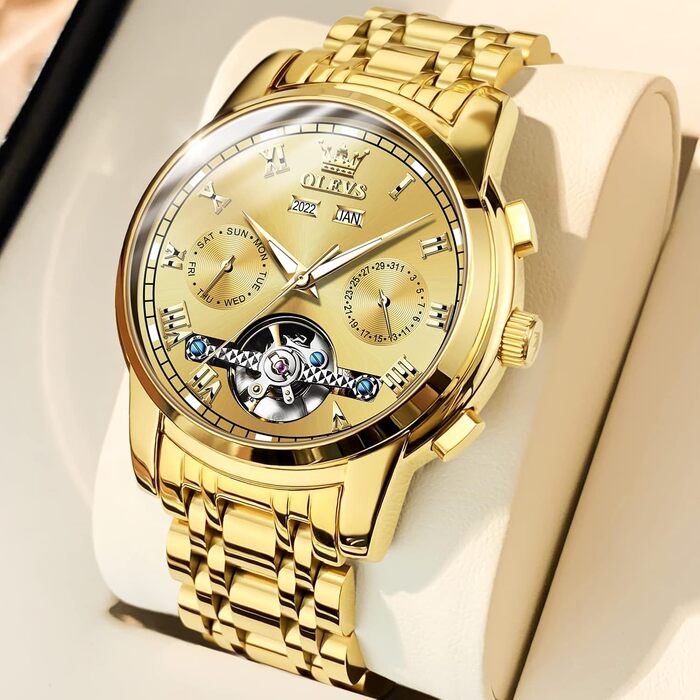 Чоловічий годинник OLEVS Automatik з турбійоном, календар, чорний, золотий, водостійкий, світловий, двоколірний | Механічний годинник для чоловіків