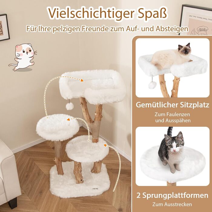 Дерев'яний кігтеточка для котів SOARS з 3-ма природними стовбурами, ліжко для котів та плюшеві поверхні, кігтеточка з іграшковим м'ячиком та джутовим мотузком, багатоповерхова, 59 x 49 x 110 см, білий колір