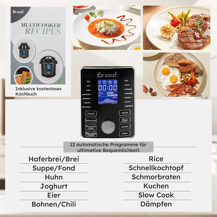 Мультиварка Saaf з Airfryer – 15-ти частинний набір, 24 програми – мультиварка, рисоварка, пароварка, сковорода-каструля – 6л – з корзиною, каструлею та кулінарною книгою – цифровий дисплей