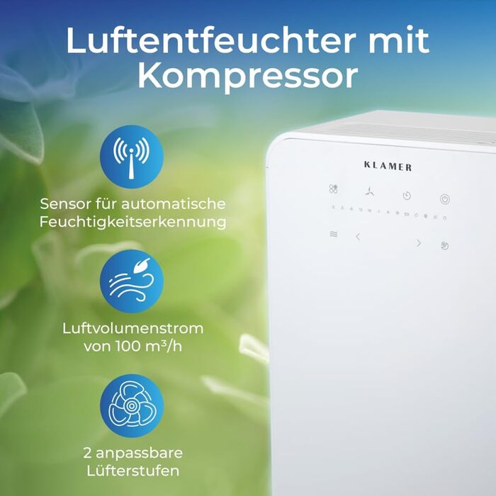Електричний осушувач повітря KLAMER 195 м³/год, 420W, 5.5 л (12л)