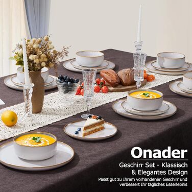 Набір посуду Onader для 6 осіб (18 предметів) - набір столового сервісу з тарілок, мисок, десертних тарілок, бежевий перламутровий, стійкий до миття в посудомийній машині та подряпин