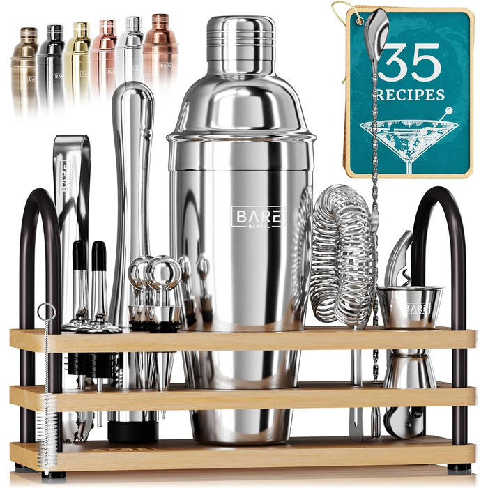 Bare Barrel Mixology Bartender Set - 14 Piece Cocktail Shaker Set with Recipes - Home Bar Accessories & Gift Set