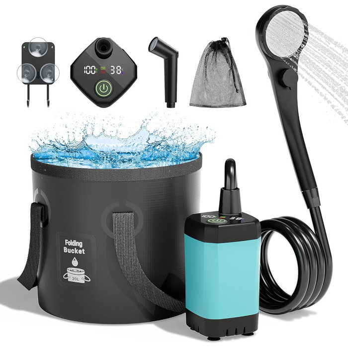 Mytrix 2024 Upgraded Portable Camping Shower Full Set: 6000mAh Rechargeable Power Suction Pump with Smart Display, Multi-Modes Spray Head & 5 Gal Water Foldable Bucket for Outdoor Travel Hiking
