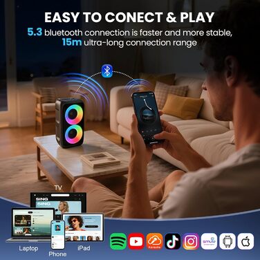 Караоке машина з 2 мікрофонами, портативна Bluetooth колонка з LED-підсвіткою, чорна