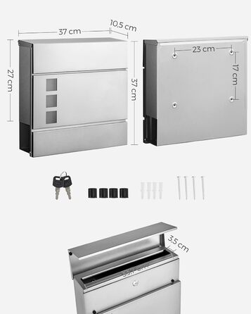 Поштовий ящик SONGMICS XXL скребковий, 37x37x10.5 см, з вікном, замком (2 ключі), сріблястий - GMB052G01